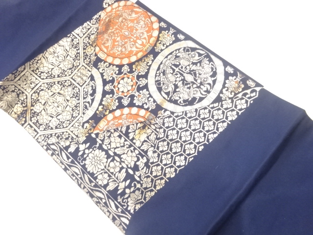 騎馬人物に花模様織出し名古屋帯